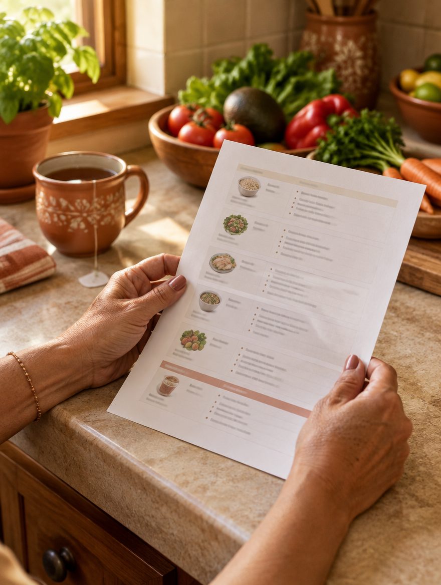 Mãos a segurar a folha do plano na cozinha